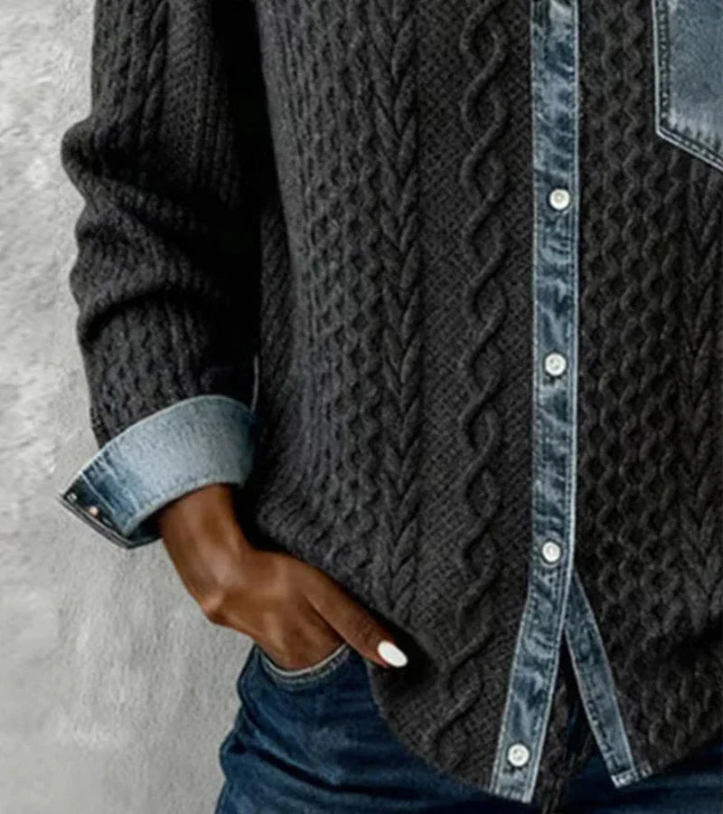 Ambra | Patchwork-strikket top med denimdetaljer