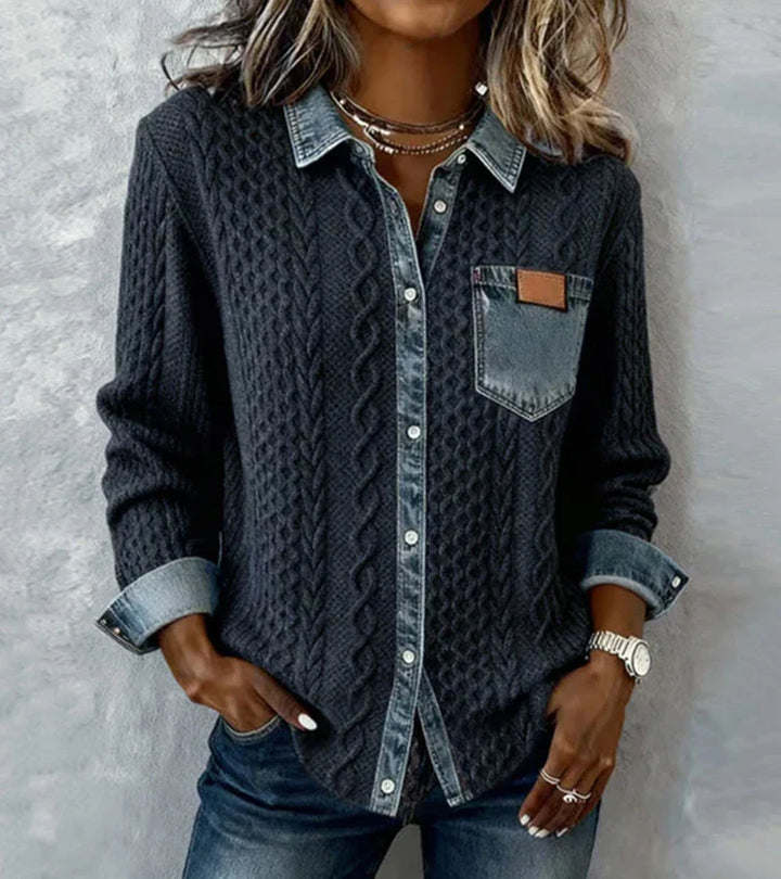Ambra | Patchwork-strikket top med denimdetaljer